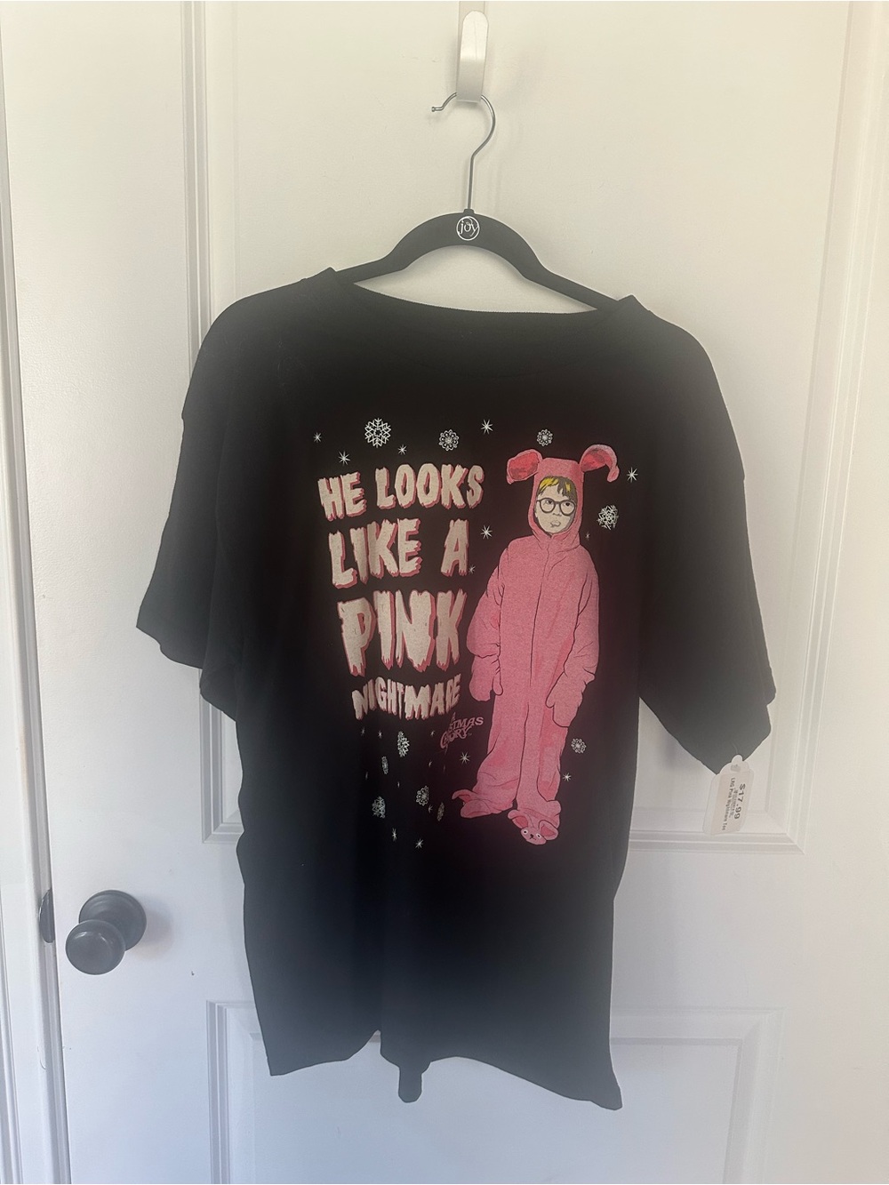Black Graphic Tee "He Looks Like A Pink Nightmare" Pink Bunny Design Christmas